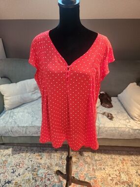 Dalia Red Polka Dot V-Neck Women's Blouse Flutter Sleeve Large